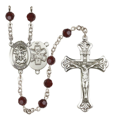 EMT Sterling Silver 6mm Garnet Austrian Crystal beads with a flared crucifix rosary and St. Michael centerpiece with EMT symbol on back, Bliss Manufacturing