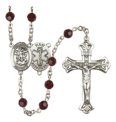 1st Responder Garnet Birthstone Crystal Sterling Silver Flared Crucifix Rosary, Bliss Manufacturing