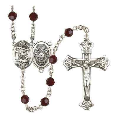 EMT Sterling Silver 6mm Aqua Austrian Crystal beads with a flared crucifix rosary and St. Michael centerpiece with Police Officer shieldl on back in Garnet, Bliss Manufacturing