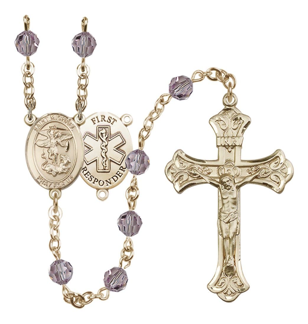 Bliss Gold-Filled 6mm Austrian Crystal Saint Michael/1St Responder Rosary in Light Amethyst,