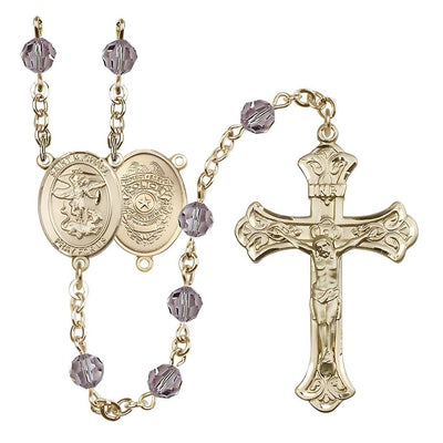 EMT 14kt Gold-filled 6mm Sapphire Austrian Crystal beads with a flared crucifix rosary and St. Michael centerpiece with Police Officer shieldl on back in Light Amethyst, Bliss Manufacturing