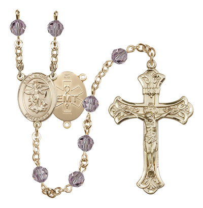 EMT 14kt Gold 6mm Garnet Austrian Crystal beads with a flared crucifix rosary and St. Michael centerpiece with EMT symbol on back in Light Amethyst, Bliss Manufacturing