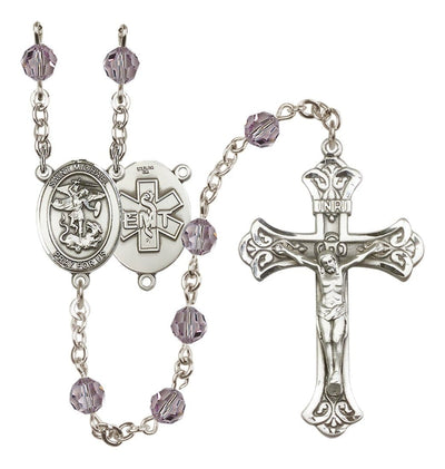 EMT Sterling Silver 6mm Light Amethyst Austrian Crystal beads with a flared crucifix rosary and St. Michael centerpiece with EMT symbol on back, Bliss Manufacturing