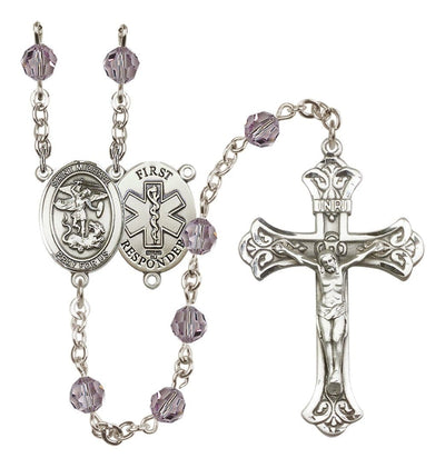 1st Responder Lt Amethyst Birthstone Crystal Sterling Silver Flared Crucifix Rosary, Bliss Manufacturing