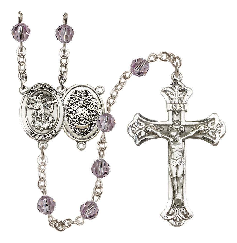 Bliss Police Officers Sterling Silver Light Amethyst Crystal Flared Crucifix Rosary,