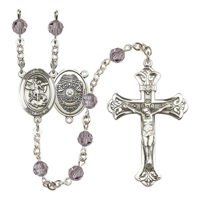 EMT Sterling Silver 6mm Amethyst Austrian Crystal beads with a flared crucifix rosary and St. Michael centerpiece with Police Officer shieldl on back, Bliss Manufacturing