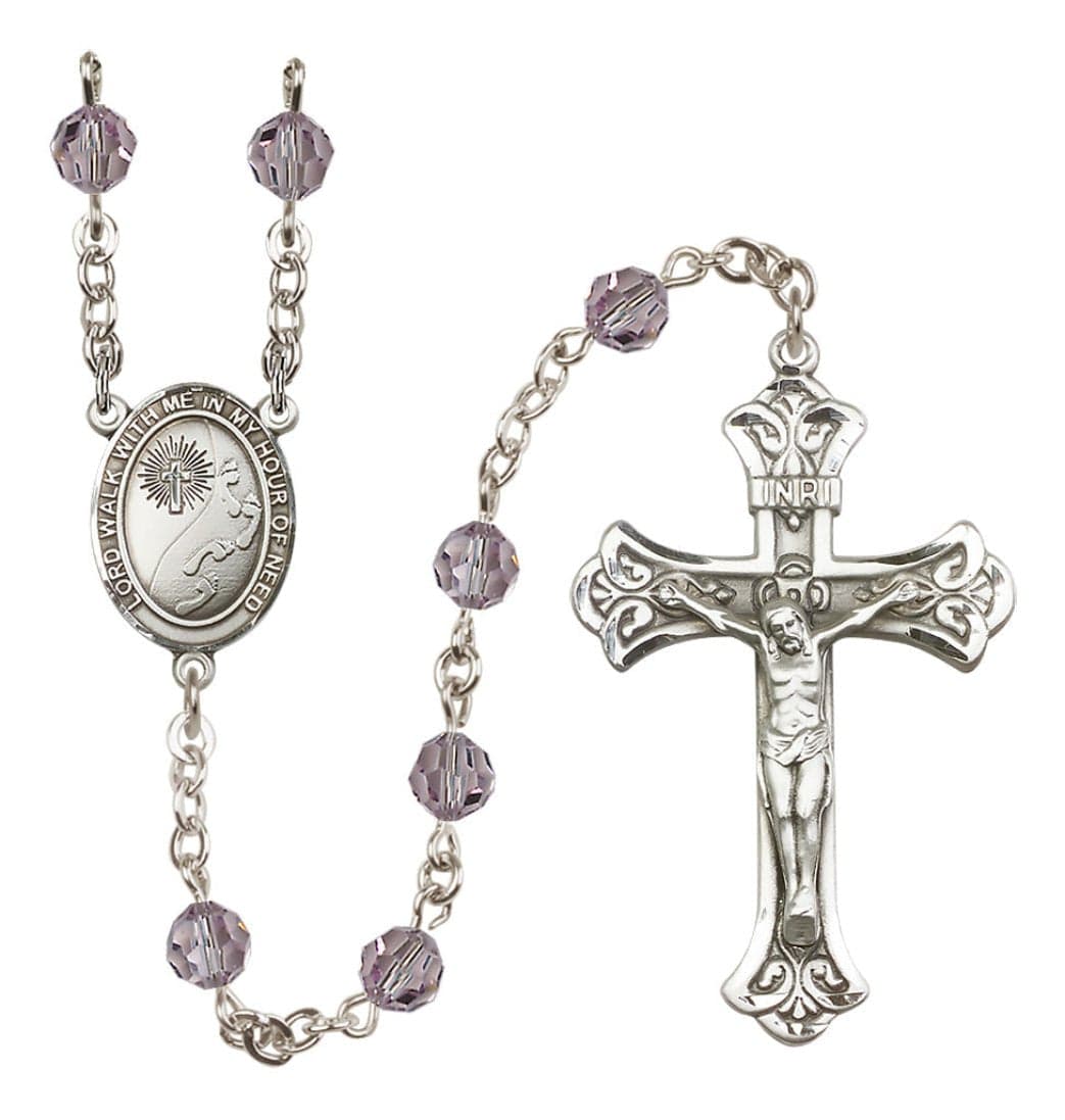 Bliss Footprints in the Sand Sterling Silver Austrian Crystal Flared Crucifix Rosary in Light Amethyst,