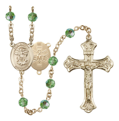EMT 14kt Gold-filled 6mm Rose Austrian Crystal beads with a flared crucifix rosary and St. Michael centerpiece with EMT symbol on back in Peridot, Bliss Manufacturing