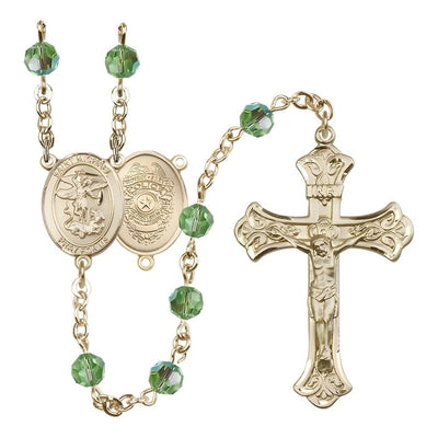 EMT 14kt Gold-filled 6mm Rose Austrian Crystal beads with a flared crucifix rosary and St. Michael centerpiece with Police Officer shieldl on back in Peridot, Bliss Manufacturing