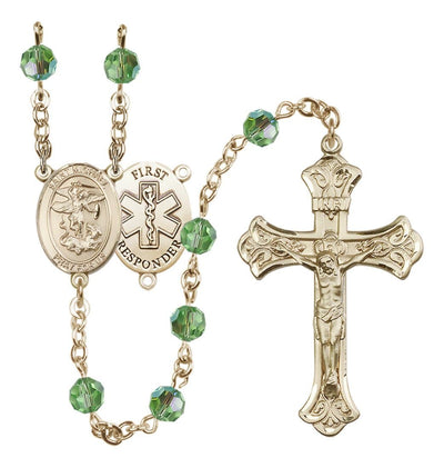 First Responder 14kt Gold Flared Tip Crucifix Peridot Crystal Rosary In Peridot, Bliss Manufacturing