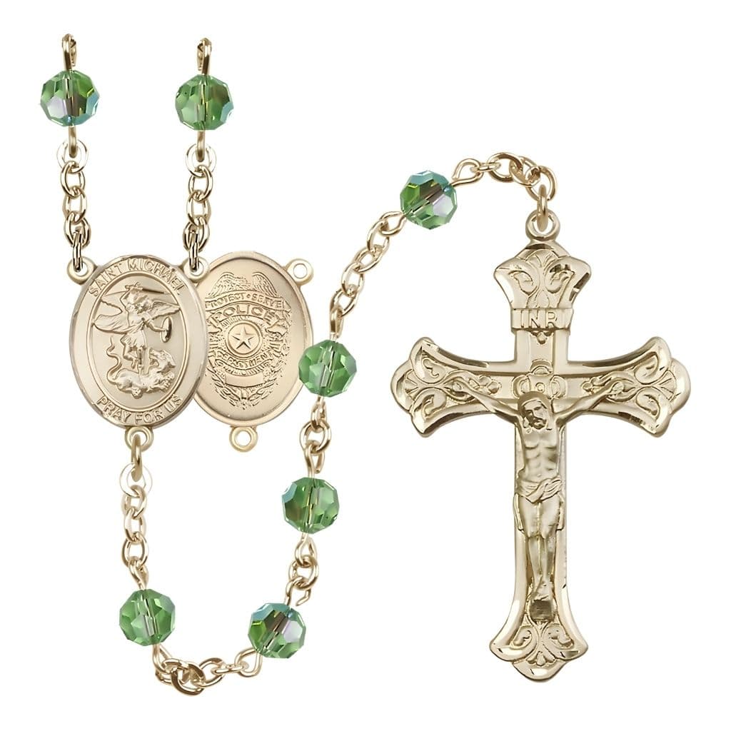 Bliss St. Michael with Police Officers Shield on Back Birthstone 14kt Gold Rosary with Peridot 6mm Austrian Crystal Beads