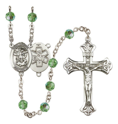 EMT Sterling Silver 6mm Peridot Austrian Crystal beads with a flared crucifix rosary and St. Michael centerpiece with EMT symbol on back, Bliss Manufacturing