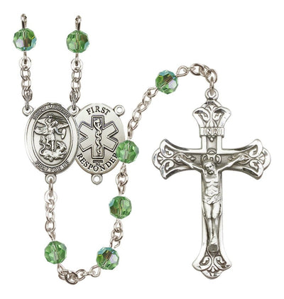 1st Responder Peridot Birthstone Crystal Sterling Silver Flared Crucifix Rosary, Bliss Manufacturing