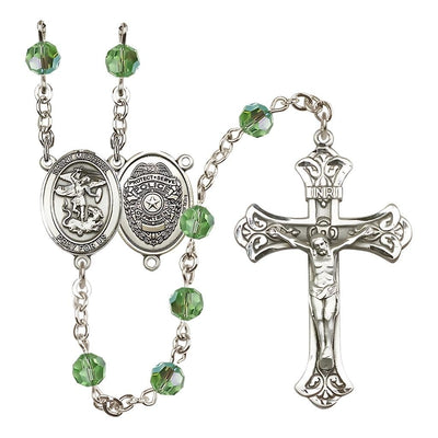 EMT Sterling Silver 6mm Garnet Austrian Crystal beads with a flared crucifix rosary and St. Michael centerpiece with Police Officer shieldl on back in Peridot, Bliss Manufacturing