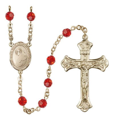 14 Karat Gold-Filled 6mm Austrian Crystal Footprints with Cross Rosary In Ruby, Bliss Manufacturing