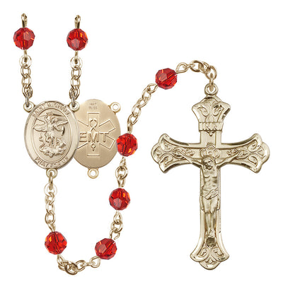 EMT 14kt Gold 6mm Ruby Austrian Crystal beads with a flared crucifix rosary and St. Michael centerpiece with EMT symbol on back, Bliss Manufacturing