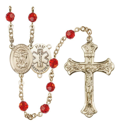 First Responder 14kt Gold Flared Tip Crucifix Ruby Crystal Rosary In Ruby, Bliss Manufacturing