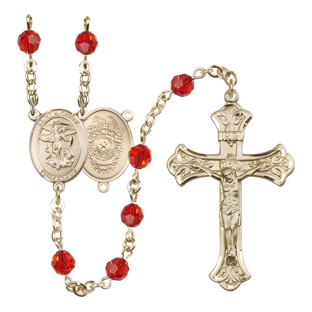 Bliss St. Michael with Police Officers Shield on Back Birthstone 14kt Gold Rosary with Ruby 6mm Austrian Crystal Beads