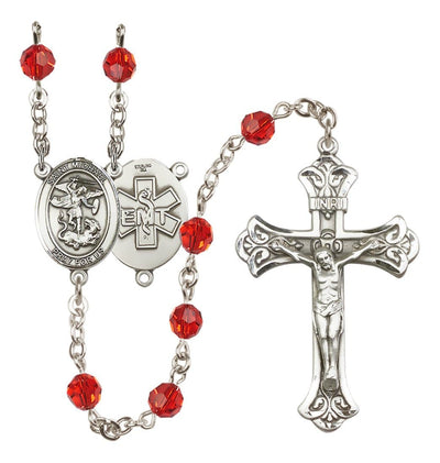 EMT Sterling Silver 6mm Ruby Austrian Crystal beads with a flared crucifix rosary and St. Michael centerpiece with EMT symbol on back, Bliss Manufacturing