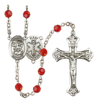 1st Responder Ruby Birthstone Crystal Sterling Silver Flared Crucifix Rosary, Bliss Manufacturing
