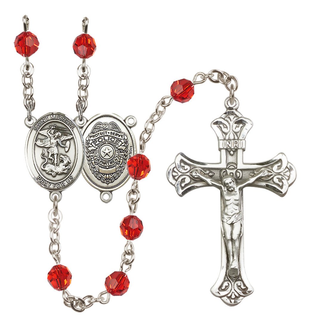 Bliss Police Officers Sterling Silver Ruby Crystal Flared Crucifix Rosary,