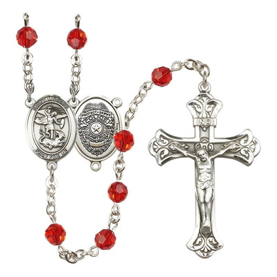 EMT Sterling Silver 6mm Peridot Austrian Crystal beads with a flared crucifix rosary and St. Michael centerpiece with Police Officer shieldl on back in Ruby, Bliss Manufacturing