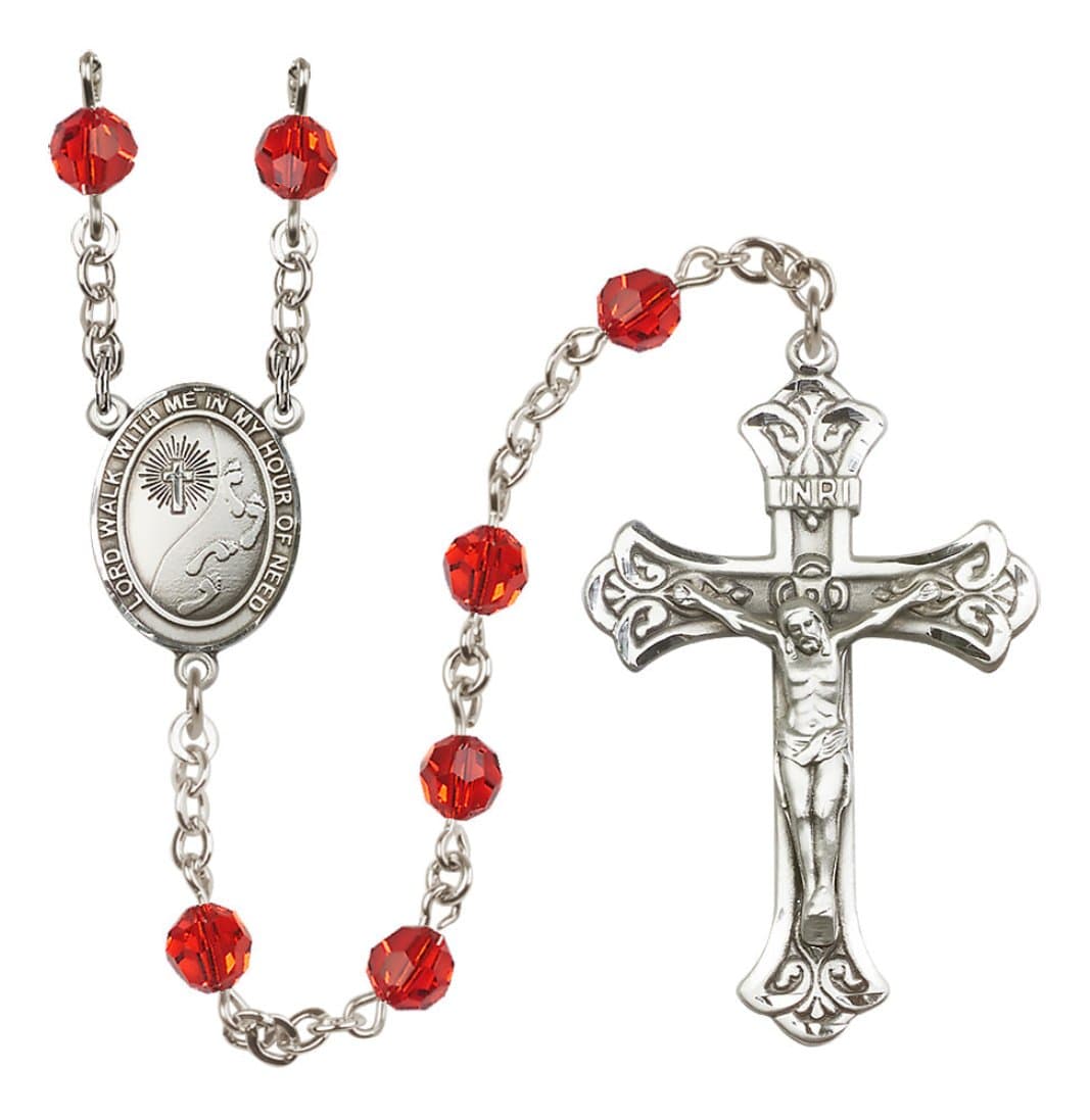 Bliss Footprints in the Sand Sterling Silver Austrian Crystal Flared Crucifix Rosary in Ruby,