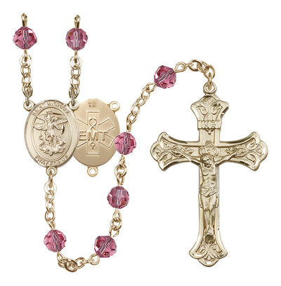 EMT 14kt Gold-filled 6mm Garnet Austrian Crystal beads with a flared crucifix rosary and St. Michael centerpiece with EMT symbol on back in Rose, Bliss Manufacturing
