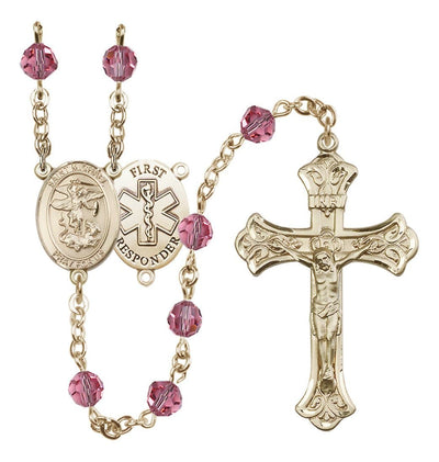 Gold-Filled 6mm Austrian Crystal Saint Michael/1st Responder Rosary In Rose, Bliss Manufacturing