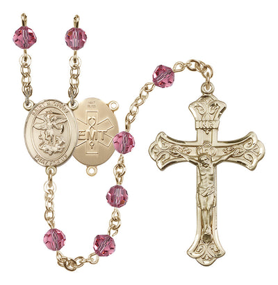 EMT 14kt Gold 6mm Rose Austrian Crystal beads with a flared crucifix rosary and St. Michael centerpiece with EMT symbol on back, Bliss Manufacturing