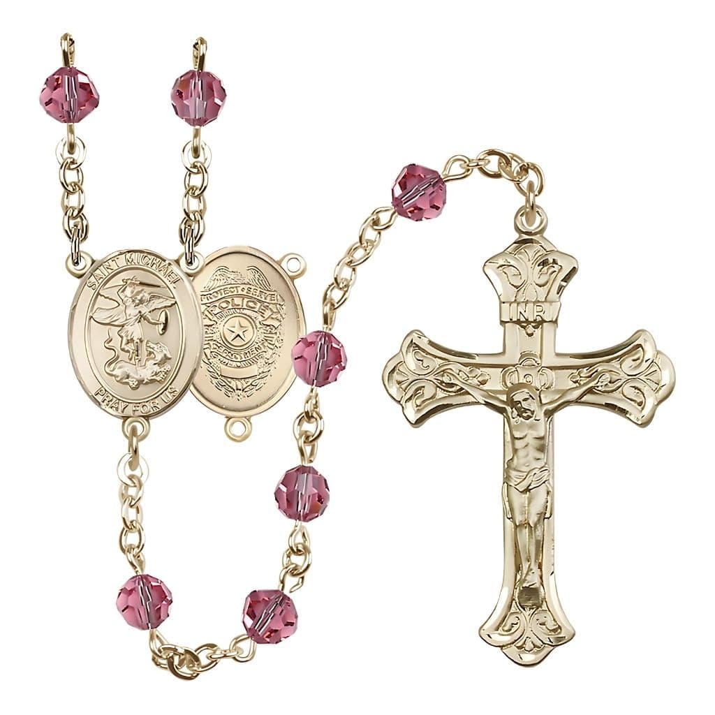 Bliss St. Michael with Police Officers Shield on Back Birthstone 14kt Gold Rosary with Rose 6mm Austrian Crystal Beads