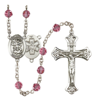 EMT Sterling Silver 6mm Rose Austrian Crystal beads with a flared crucifix rosary and St. Michael centerpiece with EMT symbol on back, Bliss Manufacturing