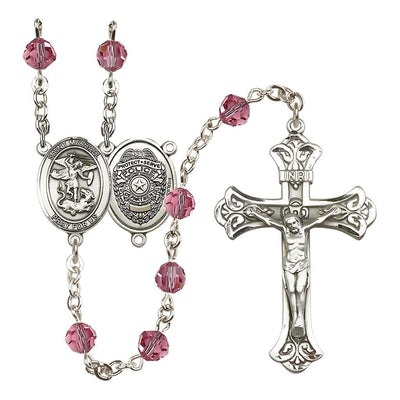 EMT Sterling Silver 6mm Rose Austrian Crystal beads with a flared crucifix rosary and St. Michael centerpiece with Police Officer shieldl on back, Bliss Manufacturing