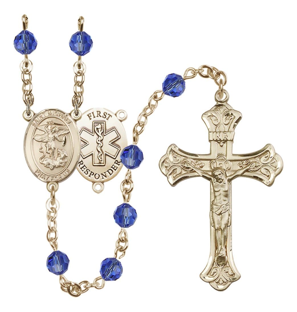 Bliss Gold-Filled 6mm Austrian Crystal Saint Michael/1St Responder Rosary in Sapphire,