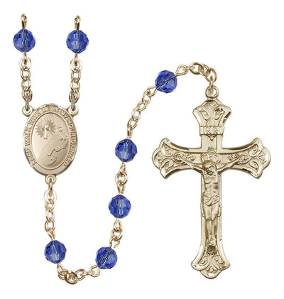 14 Karat Gold-Filled 6mm Austrian Crystal Footprints with Cross Rosary In Sapphire, Bliss Manufacturing
