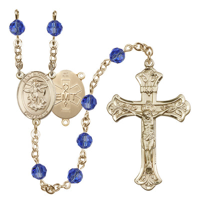 EMT 14kt Gold 6mm Peridot Austrian Crystal beads with a flared crucifix rosary and St. Michael centerpiece with EMT symbol on back in Sapphire, Bliss Manufacturing