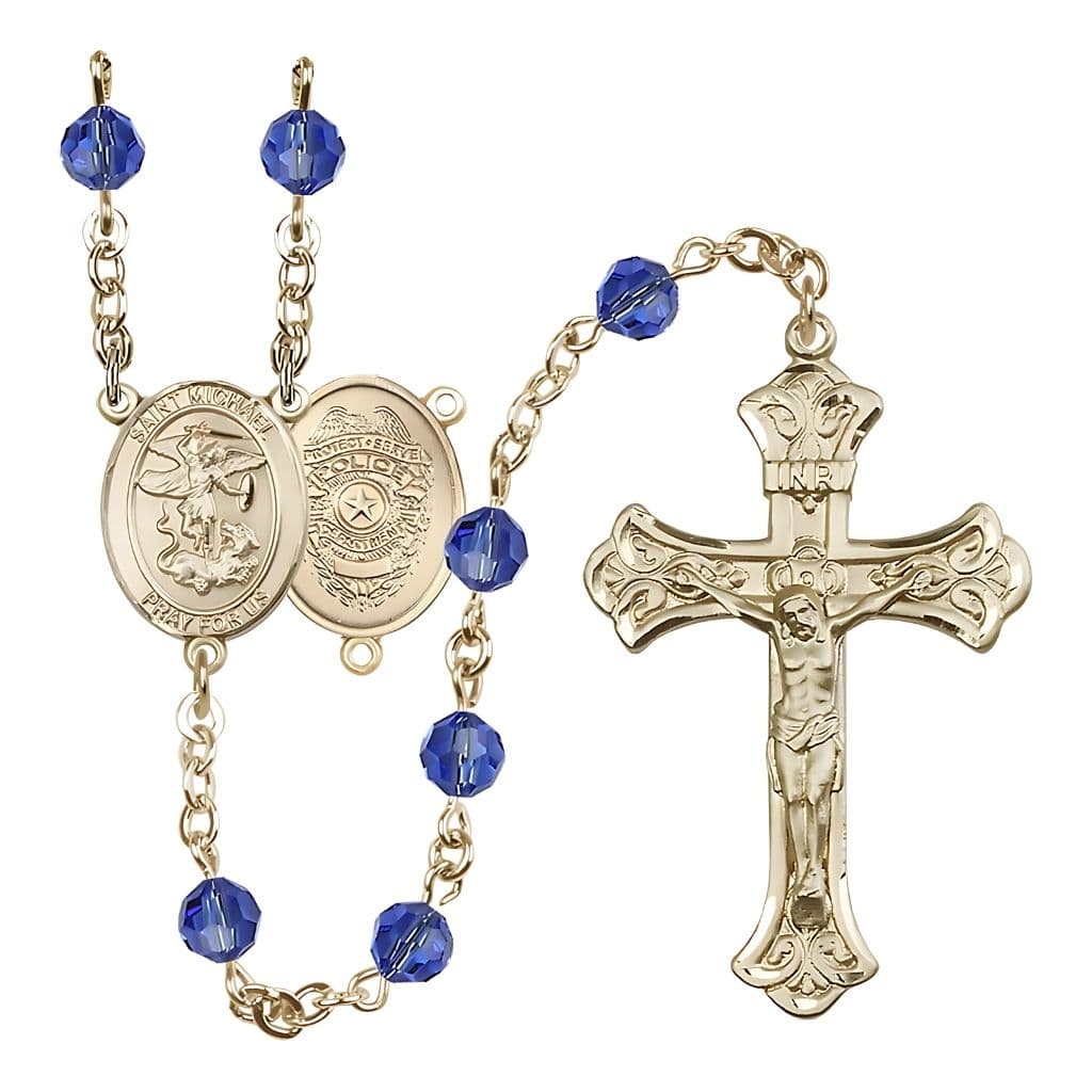 Bliss St. Michael with Police Officers Shield on Back Birthstone 14kt Gold Rosary with Sapphire 6mm Austrian Crystal Beads