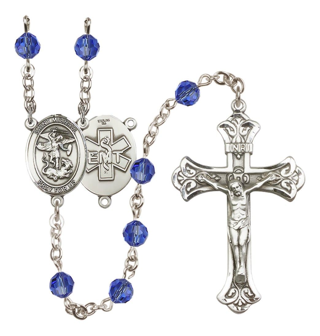 Bliss EMT Sterling Silver Sapphire Crystal Flared Crucifix Rosary,