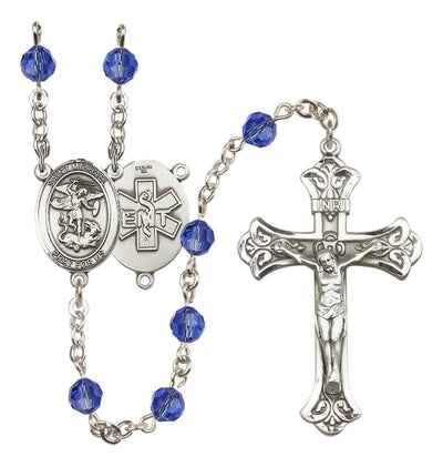 EMT Sterling Silver 6mm Sapphire Austrian Crystal beads with a flared crucifix rosary and St. Michael centerpiece with EMT symbol on back, Bliss Manufacturing