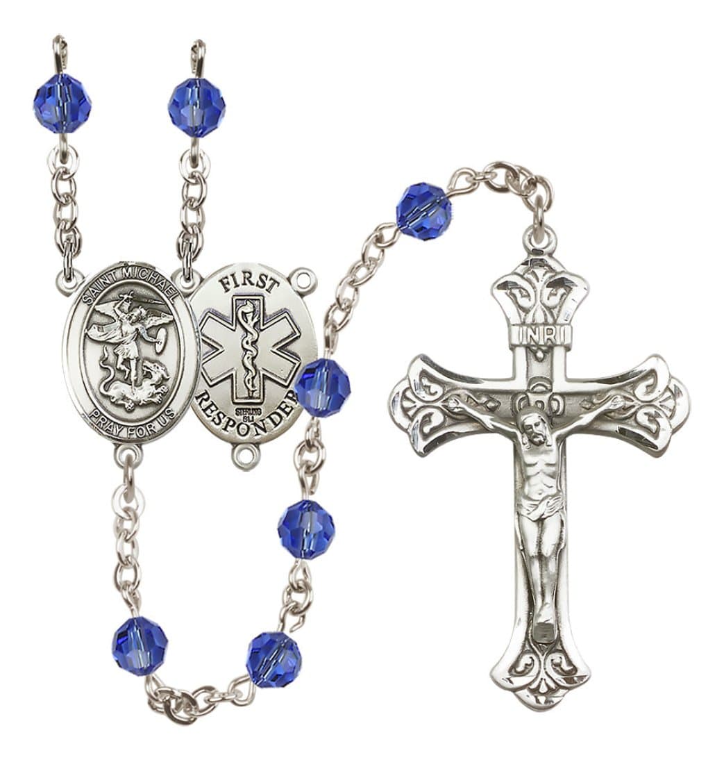 bliss manufacturing 1st responder sapphire birthstone crystal sterling silver flared crucifix rosary