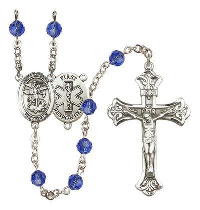 1st Responder Sapphire Birthstone Crystal Sterling Silver Flared Crucifix Rosary, Bliss Manufacturing