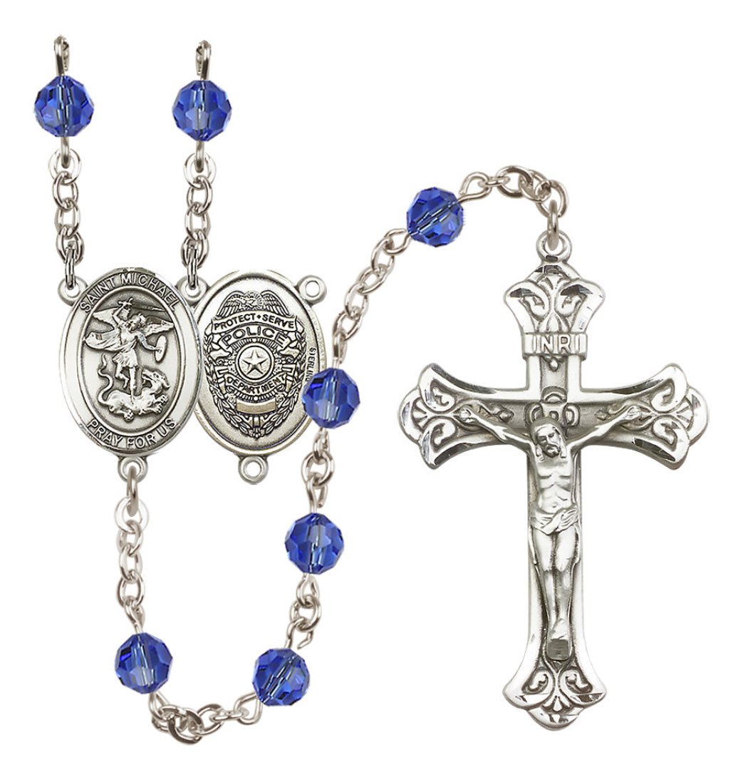 Bliss Police Officers Sterling Silver Sapphire Crystal Flared Crucifix Rosary,