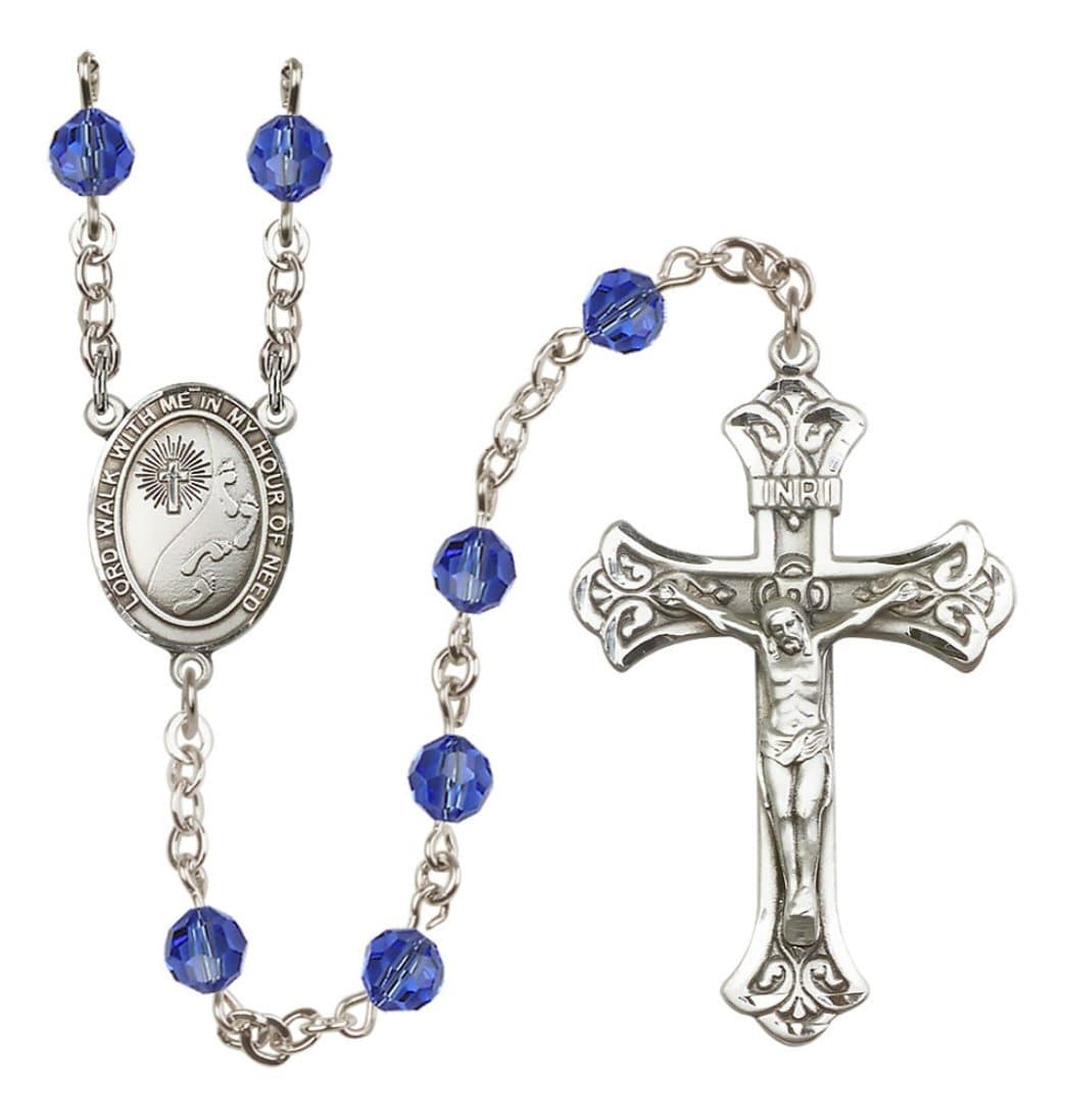 Bliss Footprints in the Sand Sterling Silver Austrian Crystal Flared Crucifix Rosary in Sapphire,