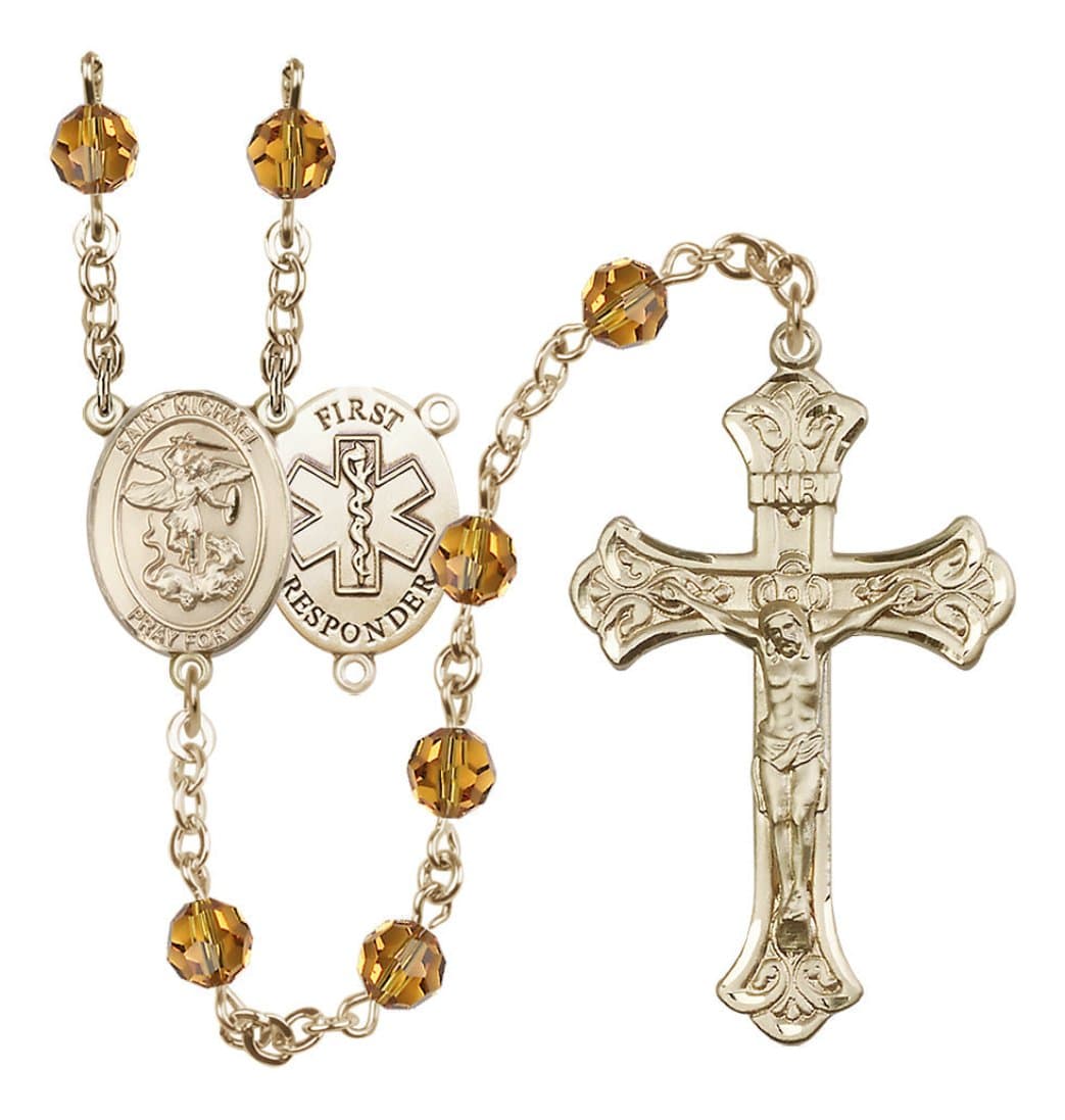 Bliss Gold-Filled 6mm Austrian Crystal Saint Michael/1St Responder Rosary in Topaz,