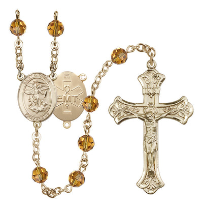 EMT 14kt Gold 6mm Topaz Austrian Crystal beads with a flared crucifix rosary and St. Michael centerpiece with EMT symbol on back, Bliss Manufacturing