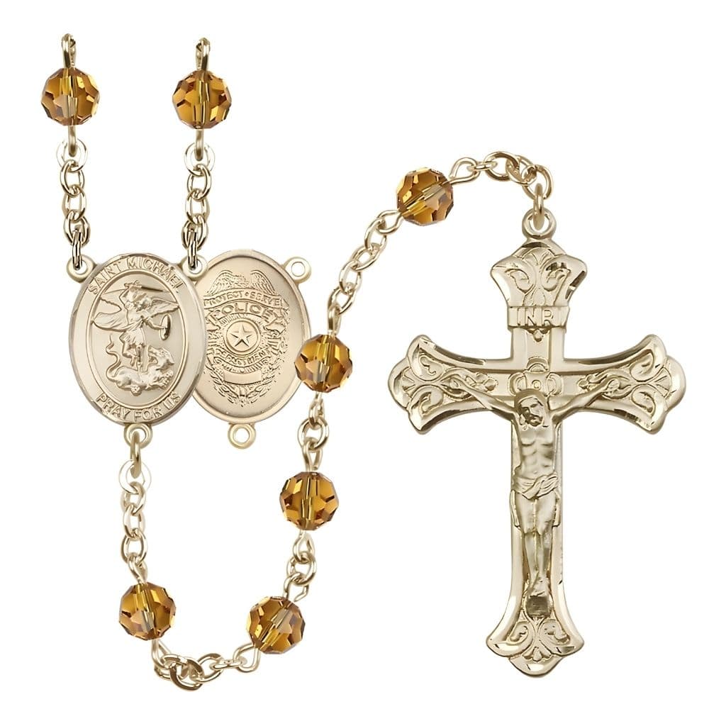 Bliss St. Michael with Police Officers Shield on Back Birthstone 14kt Gold Rosary with Topaz 6mm Austrian Crystal Beads