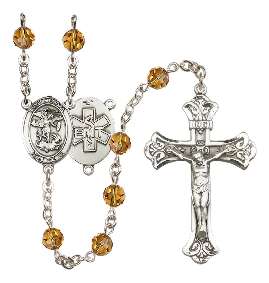 Bliss EMT Sterling Silver Topaz Crystal Flared Crucifix Rosary,