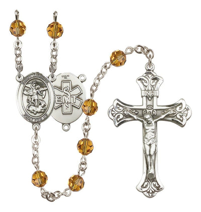 EMT Sterling Silver 6mm Topaz Austrian Crystal beads with a flared crucifix rosary and St. Michael centerpiece with EMT symbol on back, Bliss Manufacturing