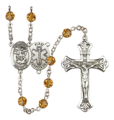 1st Responder Topaz Birthstone Crystal Sterling Silver Flared Crucifix Rosary, Bliss Manufacturing