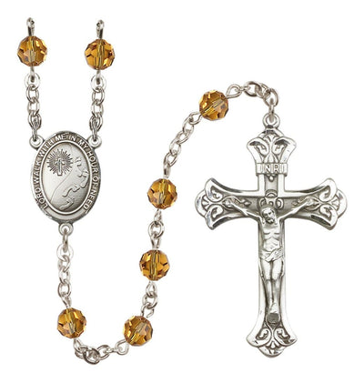 Footprints In The Sand Sterling Silver Austrian Crystal Flared Crucifix Rosary In Topaz, Bliss Manufacturing